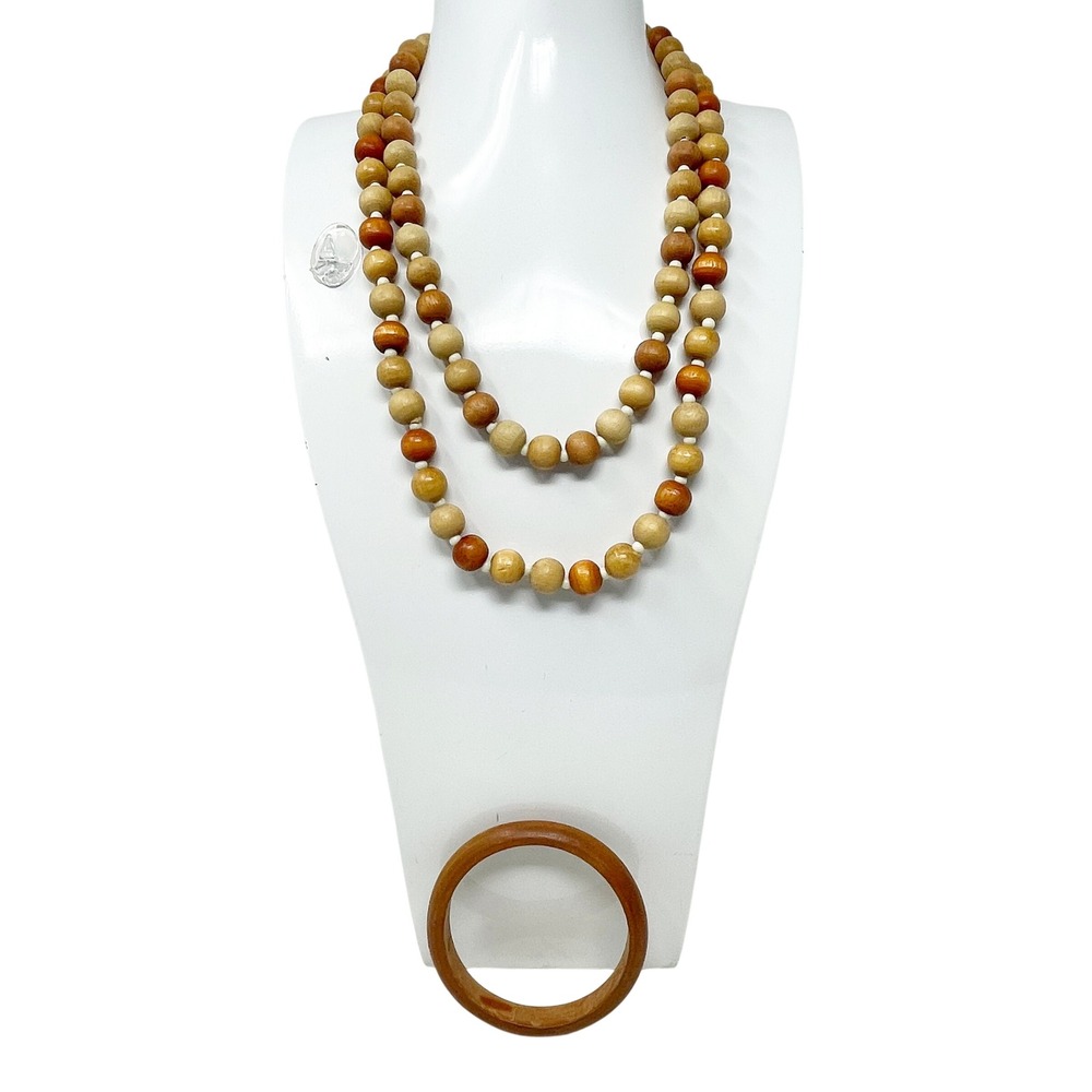 Vintage Wood Bead 3 Pc Necklace Bangle Set Brown Boho Earthy Naturalist Taiwan